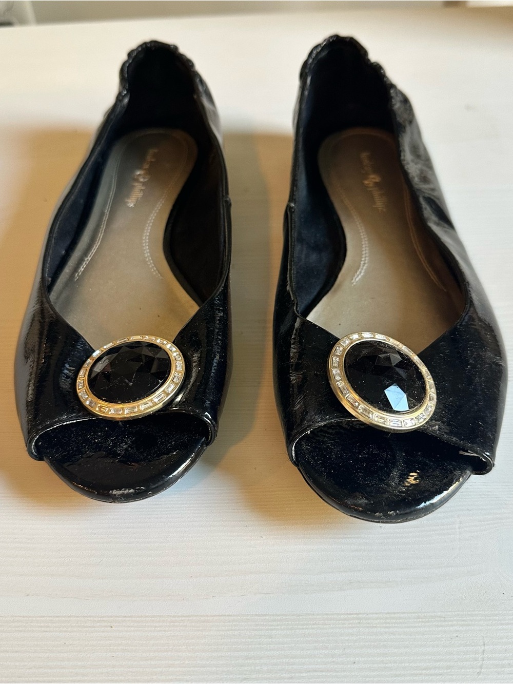 lindsay Phillips Black Patent Peep-Toe Flats with Gem Accent size 9